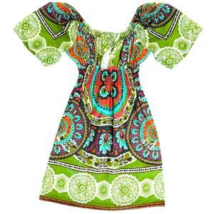 Boho Off Shoulder Peasant Dress Vibrant Hippie Print Smocked Dress Size Small